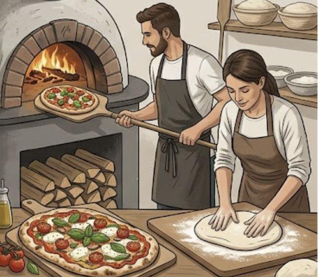Illustration Pizza backen im Team